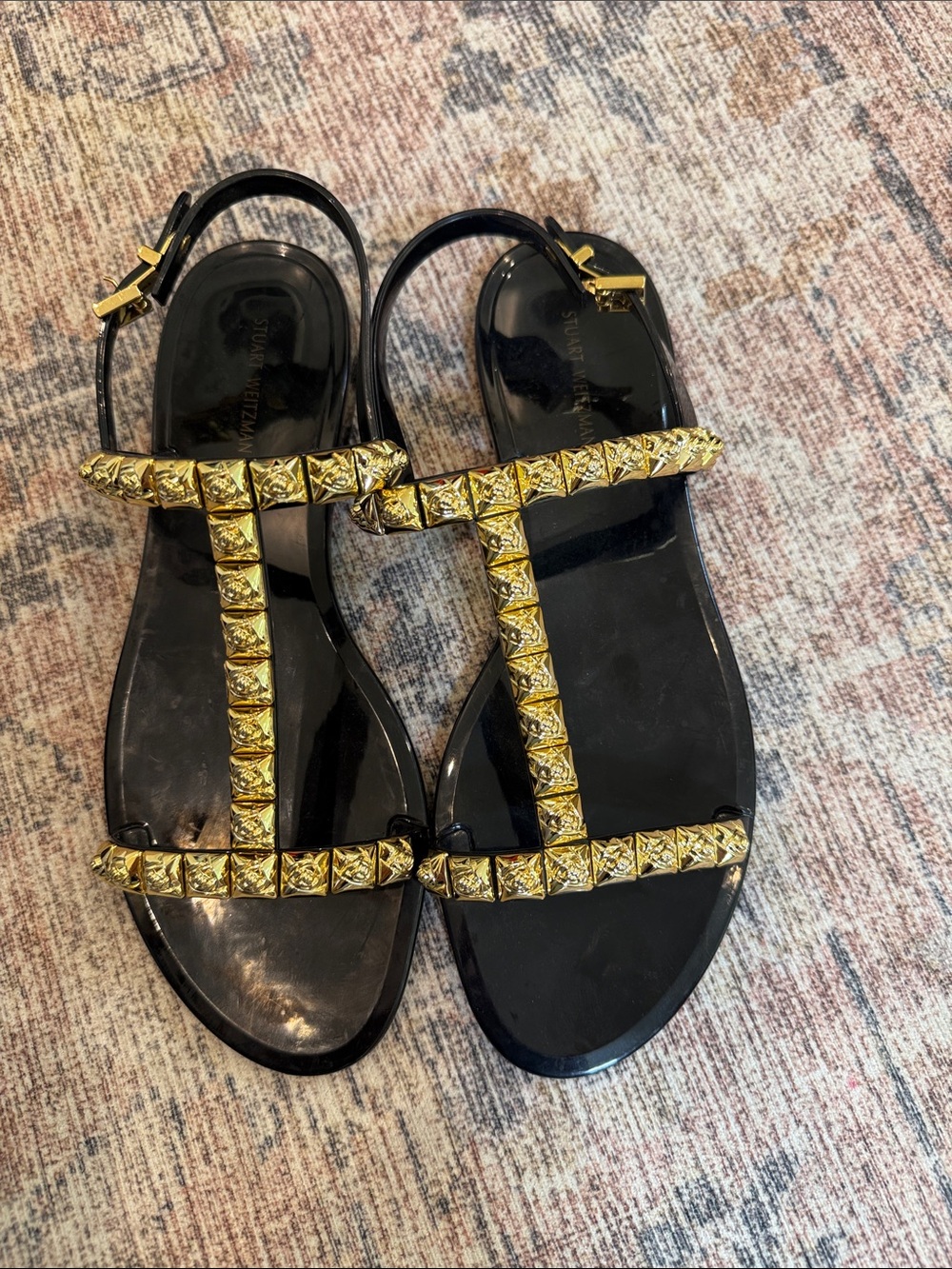 Stuart Weitzman Black Sandals with Gold Stud Accents